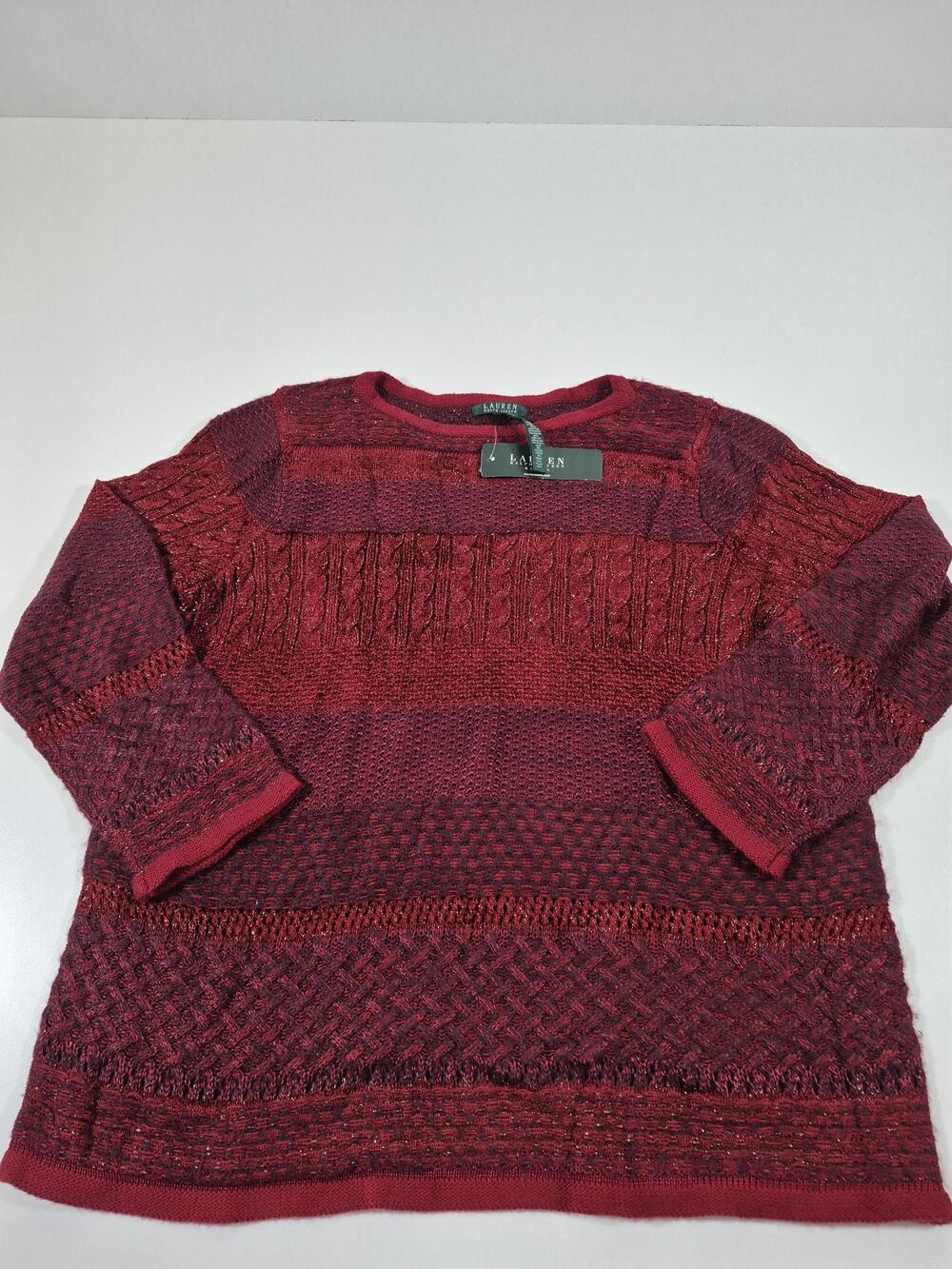 Lauren Ralph Lauren Women's 3X Red Striped Cable Knit Glitter Sweater Pullover